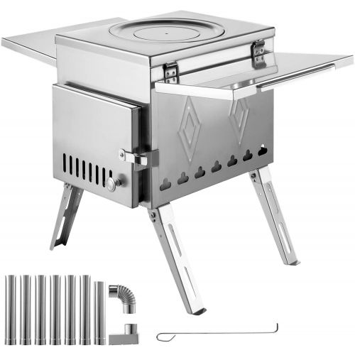  Happybuy Tent Wood Stove 18.1x15x27.2 inch, Camping Wood Stove 304 Stainless Steel With Folding Pipe, Portable Wood Stove 113 inch Total Height For Camping, Tent Heating, Hunting,