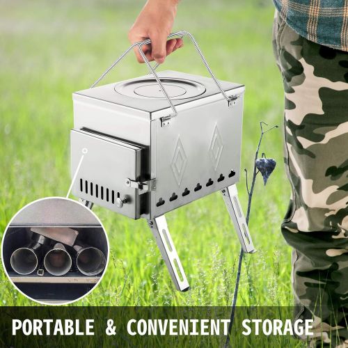  Happybuy Tent Wood Stove 18.1x15x27.2 inch, Camping Wood Stove 304 Stainless Steel With Folding Pipe, Portable Wood Stove 113 inch Total Height For Camping, Tent Heating, Hunting,