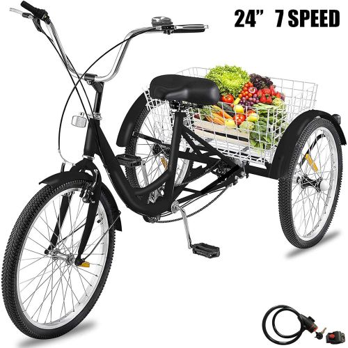  Happybuy 20/24/26 inch Adult Tricycle 1/7 Speed 3 Wheel Bike Adult Tricycle Trike Cruise Bike Large Size Basket for Recreation Shopping