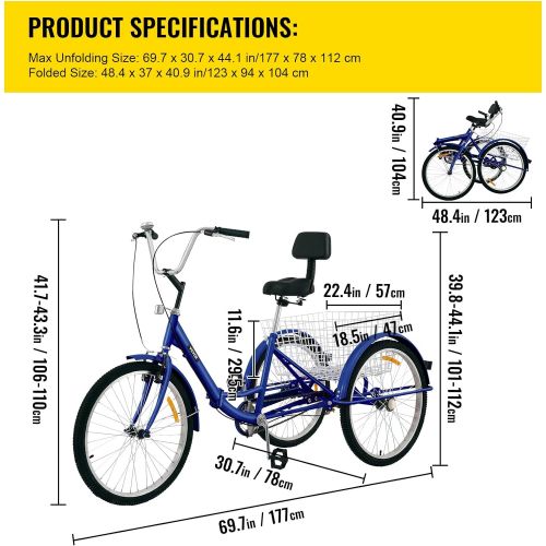  Happybuy Foldable Tricycle 24’’ Wheels, 1-Speed Trike, 3 Wheels Colorful Bike with Basket, Portable and Foldable Bicycle for Adults Exercise Shopping Picnic Outdoor Activities