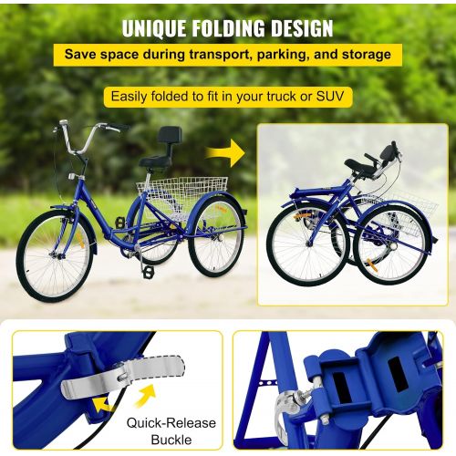  Happybuy Foldable Tricycle 24’’ Wheels, 1-Speed Trike, 3 Wheels Colorful Bike with Basket, Portable and Foldable Bicycle for Adults Exercise Shopping Picnic Outdoor Activities