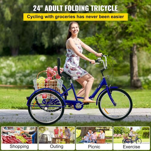  Happybuy Foldable Tricycle 24’’ Wheels, 1-Speed Trike, 3 Wheels Colorful Bike with Basket, Portable and Foldable Bicycle for Adults Exercise Shopping Picnic Outdoor Activities