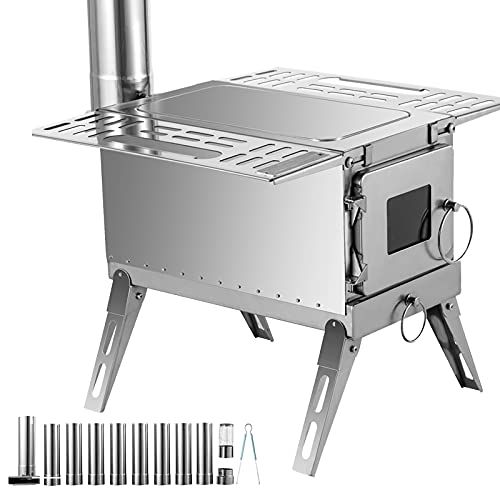  Happybuy Tent Wood Stove 18.3x15x14.17 inch, Camping Wood Stove 304 Stainless Steel With Folding Pipe, Portable Wood Stove 90.6 inch Total Height For Camping, Tent Heating, Hunting