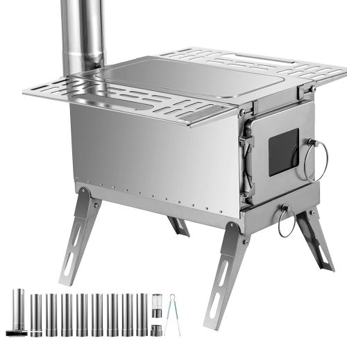  Happybuy Tent Wood Stove 18.3x15x14.17 inch, Camping Wood Stove 304 Stainless Steel With Folding Pipe, Portable Wood Stove 90.6 inch Total Height For Camping, Tent Heating, Hunting