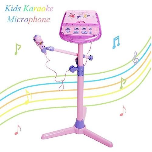  [아마존베스트]Kids Karaoke Microphone Musical Toys - Happytime Adjustable Stand Karaoke Machine with Pink External Music Function & Flashing Lights for Kids