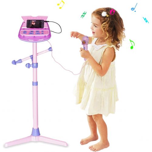  [아마존베스트]Kids Karaoke Microphone Musical Toys - Happytime Adjustable Stand Karaoke Machine with Pink External Music Function & Flashing Lights for Kids