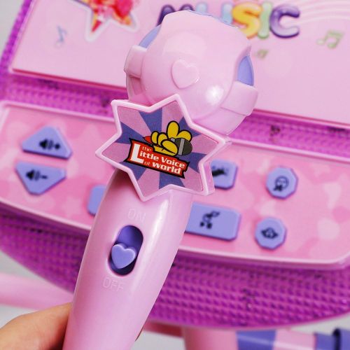  [아마존베스트]Kids Karaoke Microphone Musical Toys - Happytime Adjustable Stand Karaoke Machine with Pink External Music Function & Flashing Lights for Kids