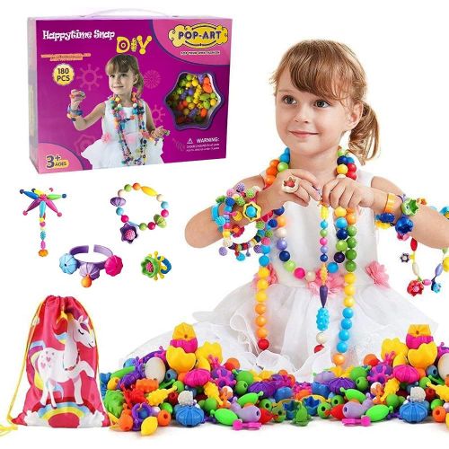  Happytime Snap Pop Beads Girls Toy 180 Pieces DIY Jewelry Marking Kit Fashion Fun for Necklace Ring Bracelet Art Kids Crafts Birthday Fun Gifts Toys for 3, 4, 5, 6, 7 ,8 Year Old K