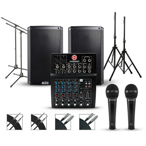  Harbinger Complete PA Package with Harbinger L802 8-channel Mixer with Alto Truesonic 2 Series Active Speakers 15 Mains