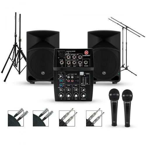  Harbinger Complete PA Package with L502 Mixer and Mackie Thump Speakers