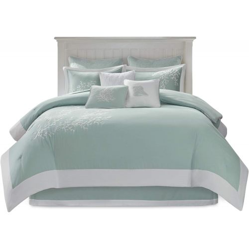  Harbor House Crystal Beach Full Size Bed Comforter Set - Pale Blue, Quilted Coastal Seashells  4 Pieces Bedding Sets  100% Cotton Bedroom Comforters