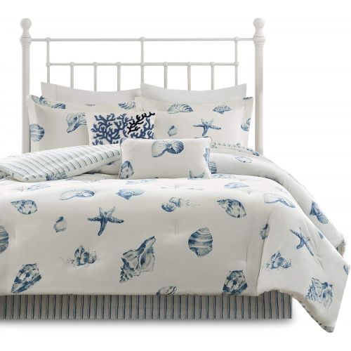  Harbor House Crystal Beach Full Size Bed Comforter Set - Pale Blue, Quilted Coastal Seashells  4 Pieces Bedding Sets  100% Cotton Bedroom Comforters