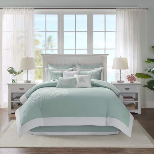  Harbor House Crystal Beach Full Size Bed Comforter Set - Pale Blue, Quilted Coastal Seashells  4 Pieces Bedding Sets  100% Cotton Bedroom Comforters