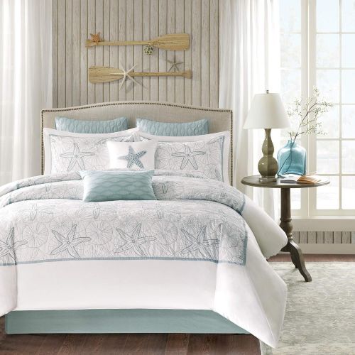  Harbor House Crystal Beach Full Size Bed Comforter Set - Pale Blue, Quilted Coastal Seashells  4 Pieces Bedding Sets  100% Cotton Bedroom Comforters