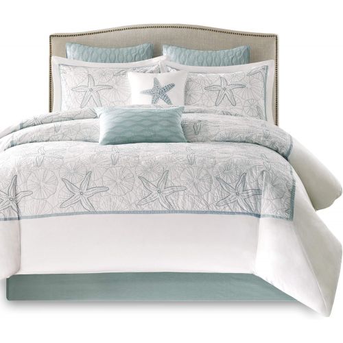  Harbor House Crystal Beach Full Size Bed Comforter Set - Pale Blue, Quilted Coastal Seashells  4 Pieces Bedding Sets  100% Cotton Bedroom Comforters