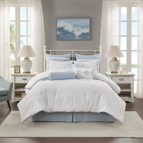  Harbor House Crystal Beach Full Size Bed Comforter Set - Pale Blue, Quilted Coastal Seashells  4 Pieces Bedding Sets  100% Cotton Bedroom Comforters