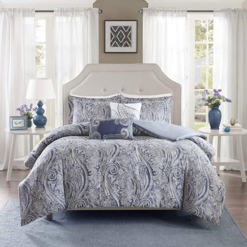  Harbor House Lorelai Duvet Cover KingCal King Size - White, Green, Blue, Tropical Plants, Leaf Duvet Cover Set  5 Piece  100% Cotton Sateen, Cotton Percale Light Weight Bed Comf