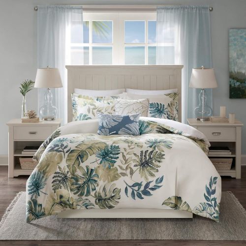  Harbor House Lorelai Duvet Cover KingCal King Size - White, Green, Blue, Tropical Plants, Leaf Duvet Cover Set  5 Piece  100% Cotton Sateen, Cotton Percale Light Weight Bed Comf