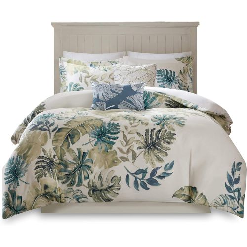  Harbor House Lorelai Duvet Cover KingCal King Size - White, Green, Blue, Tropical Plants, Leaf Duvet Cover Set  5 Piece  100% Cotton Sateen, Cotton Percale Light Weight Bed Comf