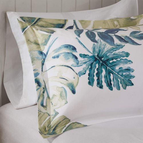  Harbor House Lorelai Duvet Cover KingCal King Size - White, Green, Blue, Tropical Plants, Leaf Duvet Cover Set  5 Piece  100% Cotton Sateen, Cotton Percale Light Weight Bed Comf