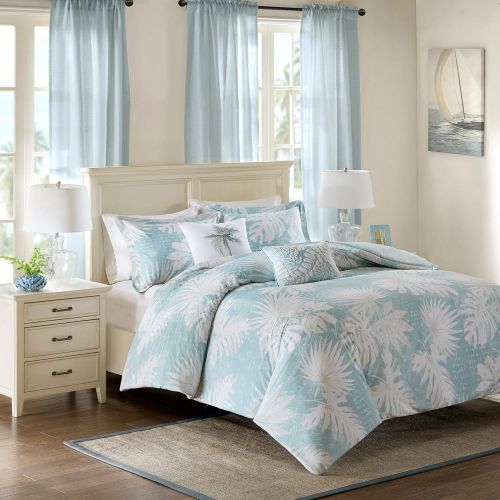  Harbor House Lorelai Duvet Cover KingCal King Size - White, Green, Blue, Tropical Plants, Leaf Duvet Cover Set  5 Piece  100% Cotton Sateen, Cotton Percale Light Weight Bed Comf