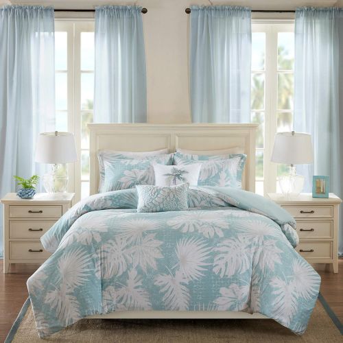  Harbor House Lorelai Duvet Cover KingCal King Size - White, Green, Blue, Tropical Plants, Leaf Duvet Cover Set  5 Piece  100% Cotton Sateen, Cotton Percale Light Weight Bed Comf