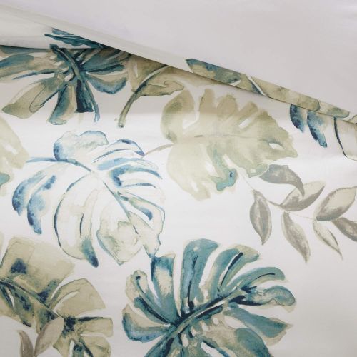  Harbor House Lorelai Duvet Cover KingCal King Size - White, Green, Blue, Tropical Plants, Leaf Duvet Cover Set  5 Piece  100% Cotton Sateen, Cotton Percale Light Weight Bed Comf