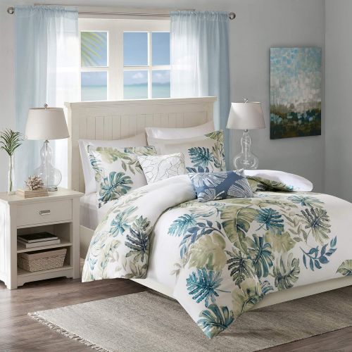  Harbor House Lorelai Duvet Cover KingCal King Size - White, Green, Blue, Tropical Plants, Leaf Duvet Cover Set  5 Piece  100% Cotton Sateen, Cotton Percale Light Weight Bed Comf