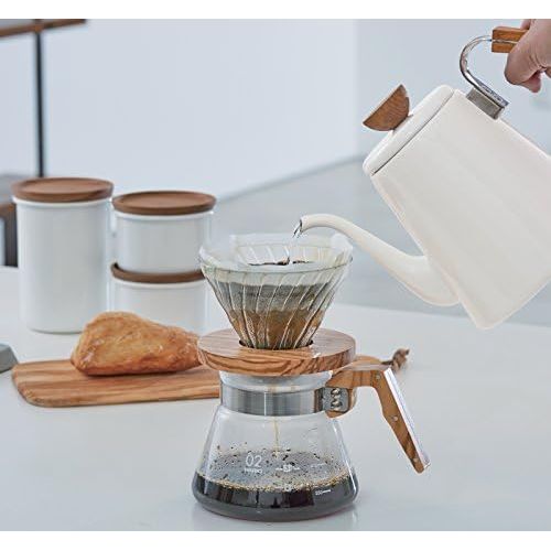  Hario Kaffekanne, 600 ml, Griff und Deckel aus Olivenholz, durchsichtig, 4 Cup