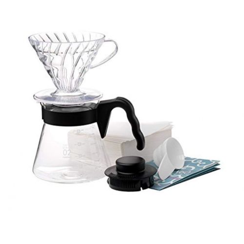  Hario V60 Size 02 Pour Over Starter Set with Dripper, Glass Server, Scoop and Filters, Black