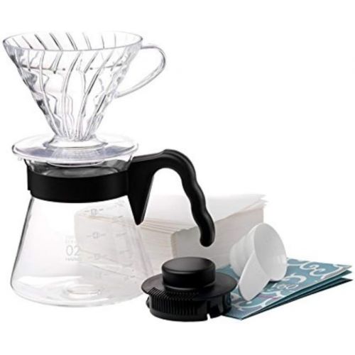  [아마존베스트]Hario Pour Over Starter Set with Dripper, Glass Server Scoop and Filters, Size 02, Black