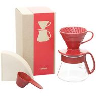 [아마존베스트]Hario V60 Pour Over Set with Ceramic Dripper, Glass Server, Scoop and Filters, Size 01, Red