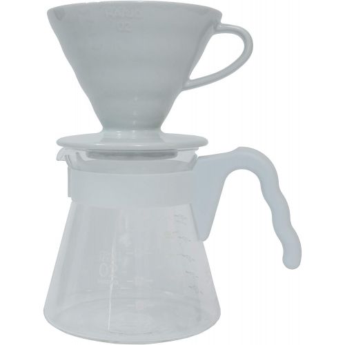  Simply Hario Ceramic V60 Dripper Pour Over Set with Glass Server, Scoop and Filters, Size 02, White