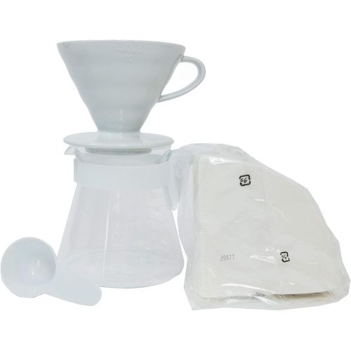  Simply Hario Ceramic V60 Dripper Pour Over Set with Glass Server, Scoop and Filters, Size 02, White