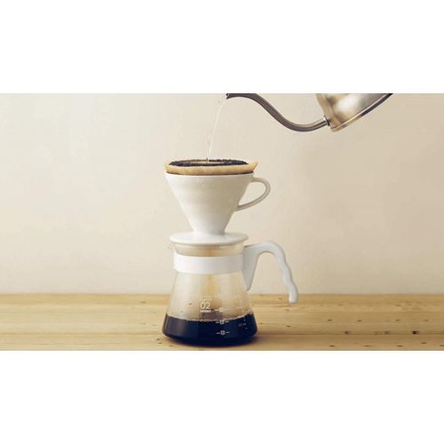  Simply Hario Ceramic V60 Dripper Pour Over Set with Glass Server, Scoop and Filters, Size 02, White