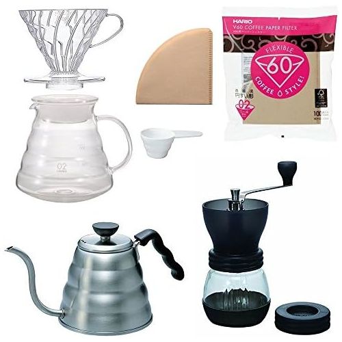  Hario V60 Kettle, Brewer Set, Coffee Mill & 100 Extra Filters - Package Set