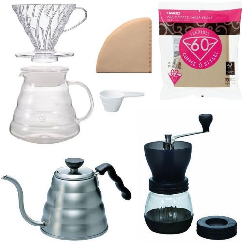  Hario V60 Kettle, Brewer Set, Coffee Mill & 100 Extra Filters - Package Set