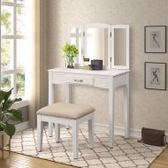 Harper&Bright Designs Vanity Table Set with Tri-Fold Mirror and Stool Make-up Dresser (White)
