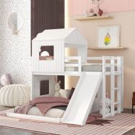 Harper & Bright Designs House Bed Bunk Beds with Slide, Wood Bunk Beds with Roof and Guard Rail for Kids, Toddlers, No Box Spring Needed