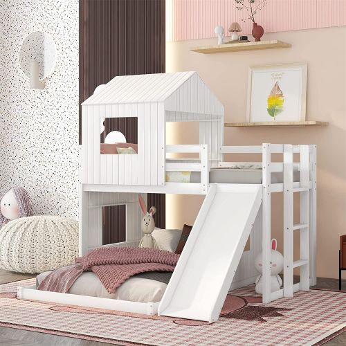  Harper & Bright Designs House Bed Bunk Beds with Slide, Wood Bunk Beds with Roof and Guard Rail for Kids, Toddlers, No Box Spring Needed