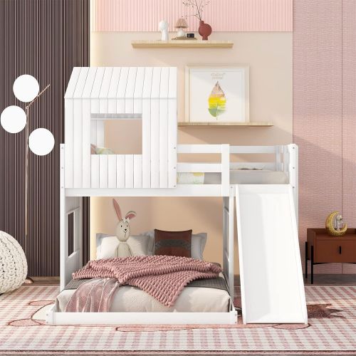  Harper & Bright Designs House Bed Bunk Beds with Slide, Wood Bunk Beds with Roof and Guard Rail for Kids, Toddlers, No Box Spring Needed