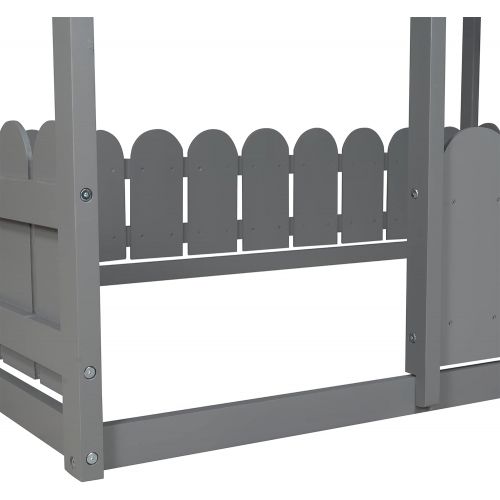  Harper & Bright Designs Full Size House Bed for Kids ,House Floor Bed with Fence-Shaped Guardrails , Wood Kids House Full Bed Frame for Toddlers, Girls, Boys ,Grey