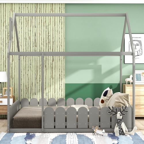  Harper & Bright Designs Full Size House Bed for Kids ,House Floor Bed with Fence-Shaped Guardrails , Wood Kids House Full Bed Frame for Toddlers, Girls, Boys ,Grey