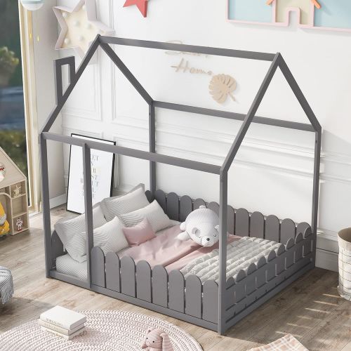  Harper & Bright Designs Full Size House Bed for Kids ,House Floor Bed with Fence-Shaped Guardrails , Wood Kids House Full Bed Frame for Toddlers, Girls, Boys ,Grey