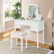 Harper Bright Designs Wood Vanity Table Set with Mirror and Stool Set (White.)