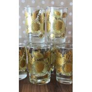 /Harrlowretro Vintage gold foil floral juice glasses set of 8