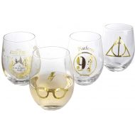 [아마존베스트]Harry Potter Stemless Wine Glasses, Set of 4 - Gold Harry Potter Symbols and Designs - Glass - 17 oz