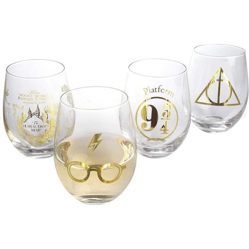  [아마존베스트]Harry Potter Stemless Wine Glasses, Set of 4 - Gold Harry Potter Symbols and Designs - Glass - 17 oz