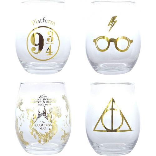  [아마존베스트]Harry Potter Stemless Wine Glasses, Set of 4 - Gold Harry Potter Symbols and Designs - Glass - 17 oz