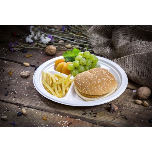  Harvest Pack [125 COUNT] 10 in Round Disposable Plates with 3 Compartments - Natural Sugarcane Bagasse Bamboo Fibers Sturdy Compostable Eco Friendly Environmental Paper Plate Alternative 100% b